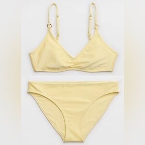 NWT Aerie FULL SET Beach Babe Shine Rib Voop Top + Full Coverage Bottom Yellow L